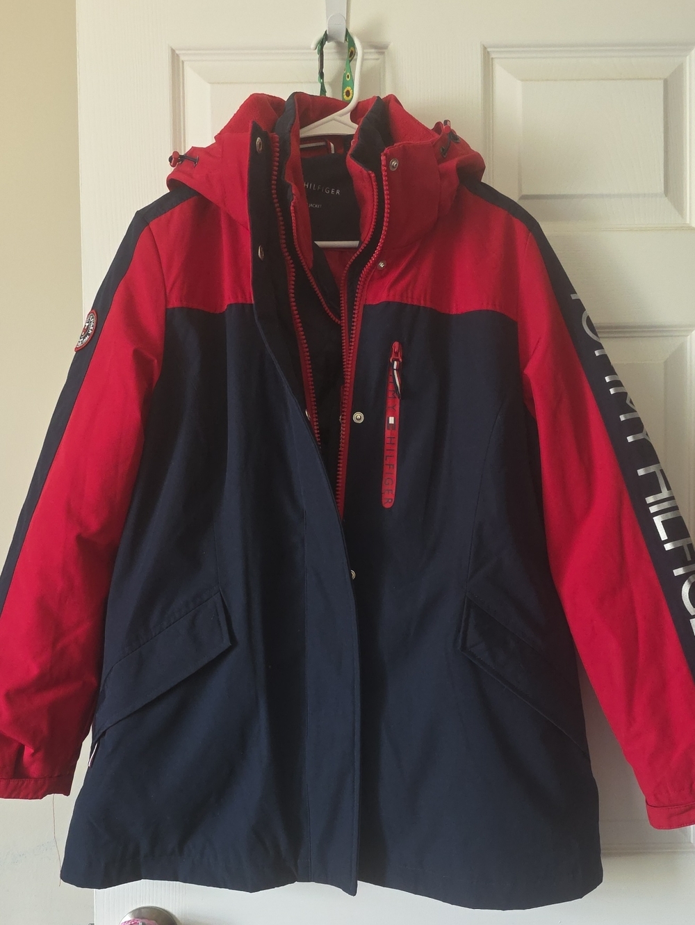 Tommy Hilfiger Red and Navy Colorblock Hooded Jacket
